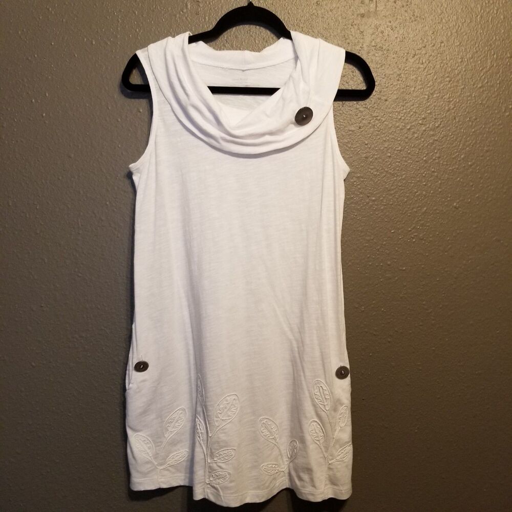 Neon Buddha XS Dress Mini White Cowl Neck Pockets Button Jersey Activewear